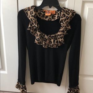 Tory Burch wool/silk black sweater with leopard